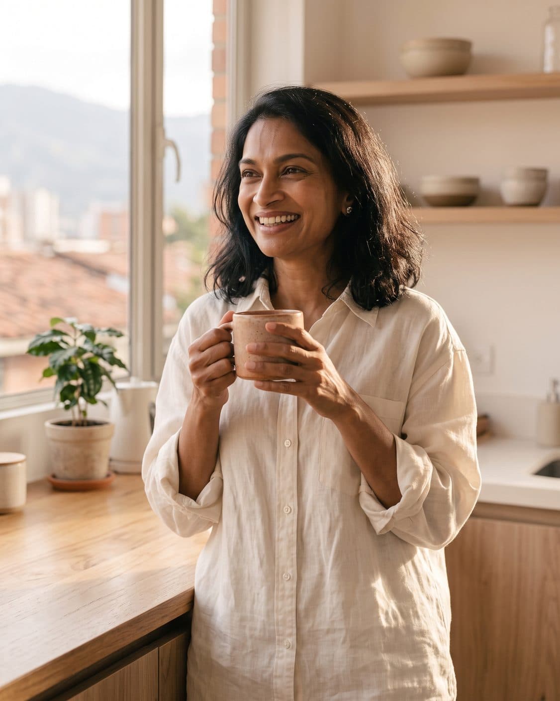 La misma mujer en su cocina por la mañana, con camisa de lino y una taza entre las manos